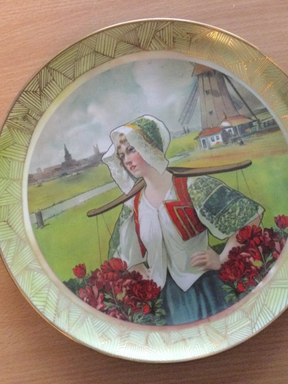Vintage hand painted by Kathleen Mcclung decorative plate tulip girl windmill